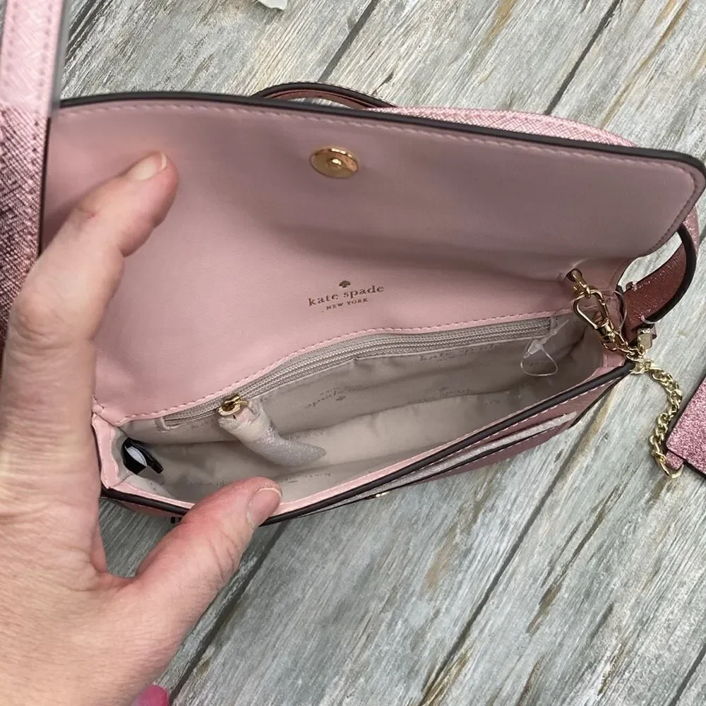 Kate Spade Glimmer Glitter Crossbody Duo Card Holder Bag Purse Mitten Pink